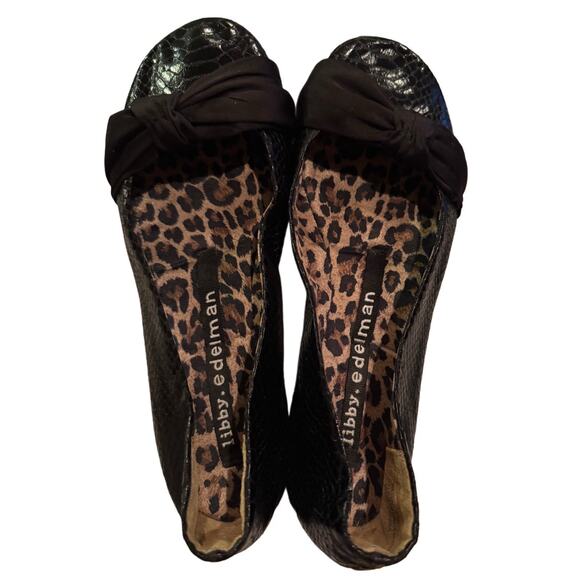 Libby Edelman Flats 9M Black Snake Print Bow Ballet Shoes Leopard‎ Lining EUC - Picture 2 of 6
